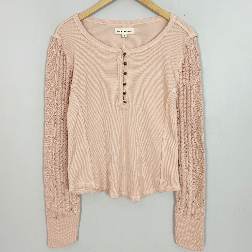 NEW Lucky Brand Womens Blush Pink Waffle Knit Cable Sleeve Henley Top Small